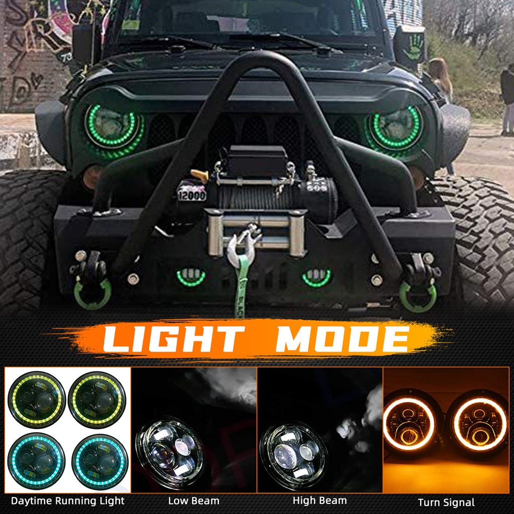 2pcs 7" Round Halogen DRL LED Projector H4 Headlights Hi/Lo Sealed Beam Conversion Kit - Compatible with Jeep Wrangler JK JKU TJ LJ Chevy Ford GMC - For Models W/ 6012 6014 6015 H6017 H6024