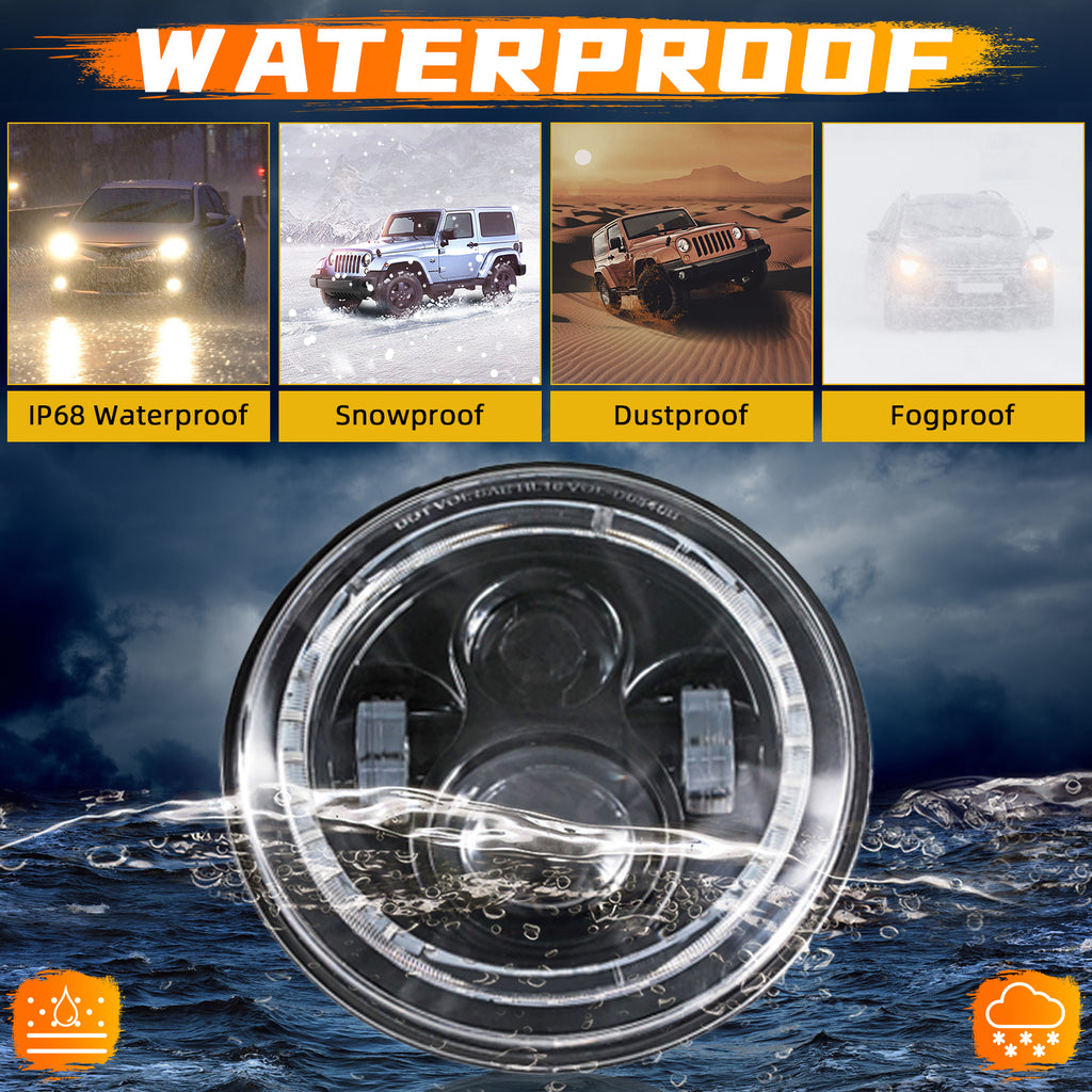 2pcs 7" Round Halogen DRL LED Projector H4 Headlights Hi/Lo Sealed Beam Conversion Kit - Compatible with Jeep Wrangler JK JKU TJ LJ Chevy Ford GMC - For Models W/ 6012 6014 6015 H6017 H6024