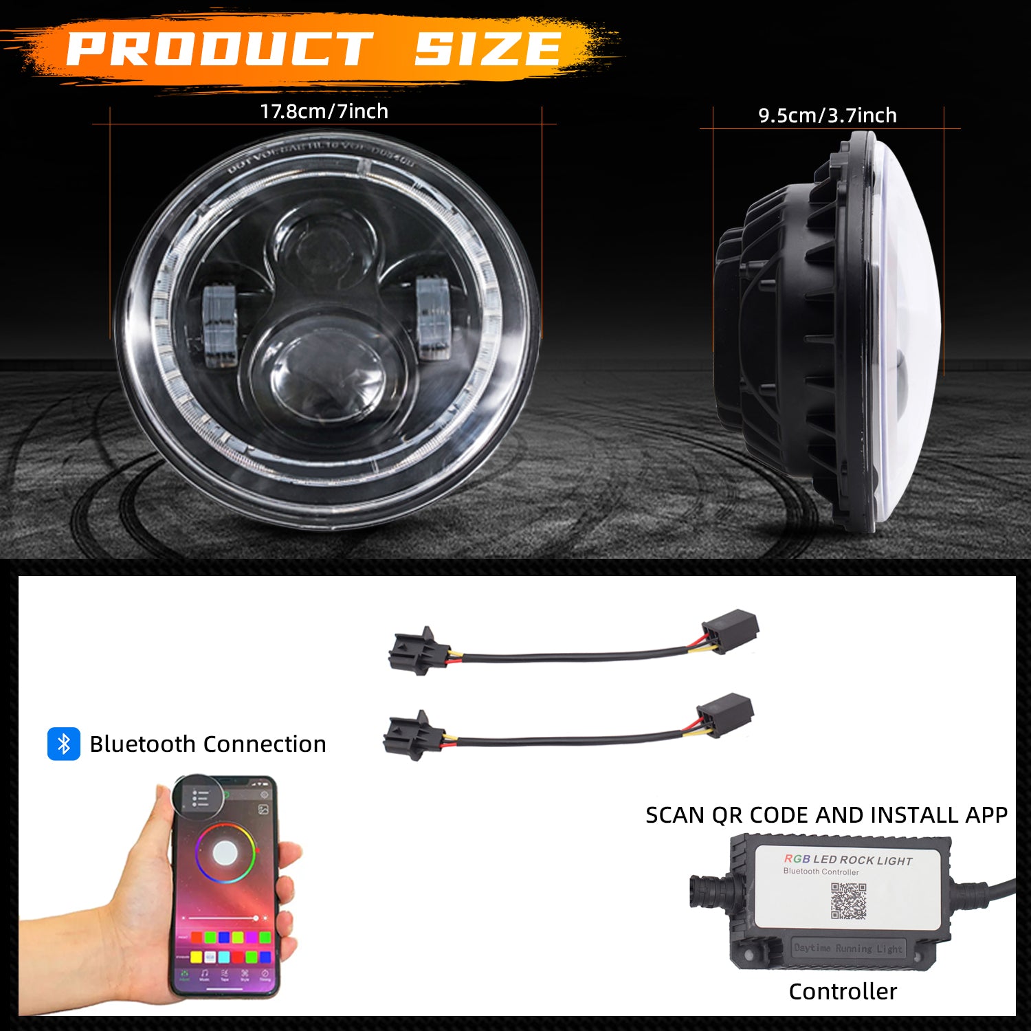 2pcs 7" Round Halogen DRL LED Projector H4 Headlights Hi/Lo Sealed Beam Conversion Kit - Compatible with Jeep Wrangler JK JKU TJ LJ Chevy Ford GMC - For Models W/ 6012 6014 6015 H6017 H6024