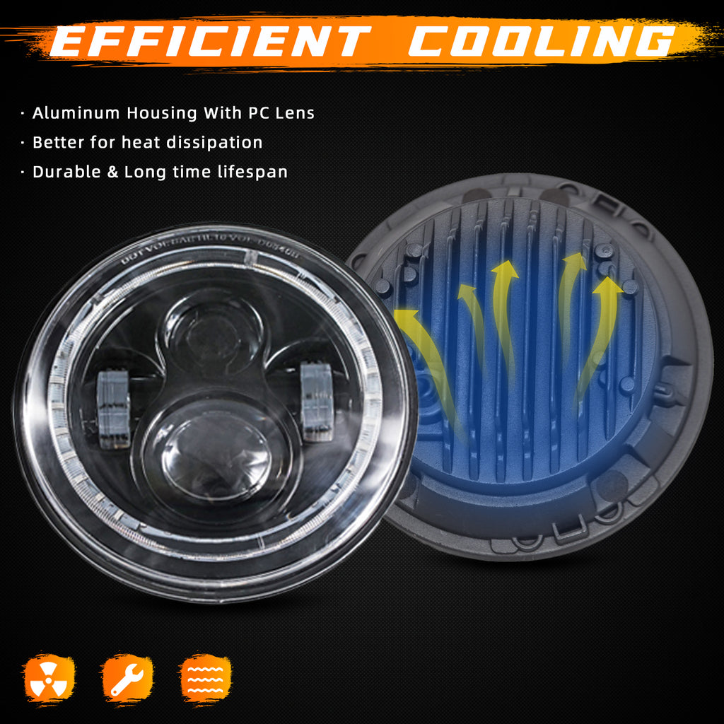 2pcs 7" Round Halogen DRL LED Projector H4 Headlights Hi/Lo Sealed Beam Conversion Kit - Compatible with Jeep Wrangler JK JKU TJ LJ Chevy Ford GMC - For Models W/ 6012 6014 6015 H6017 H6024