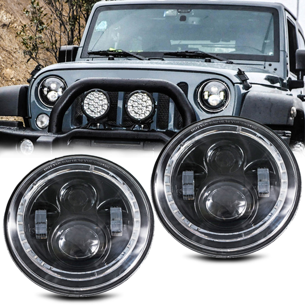 2pcs 7" Round Halo DRL LED Projector H4 Headlight Conversion Kit