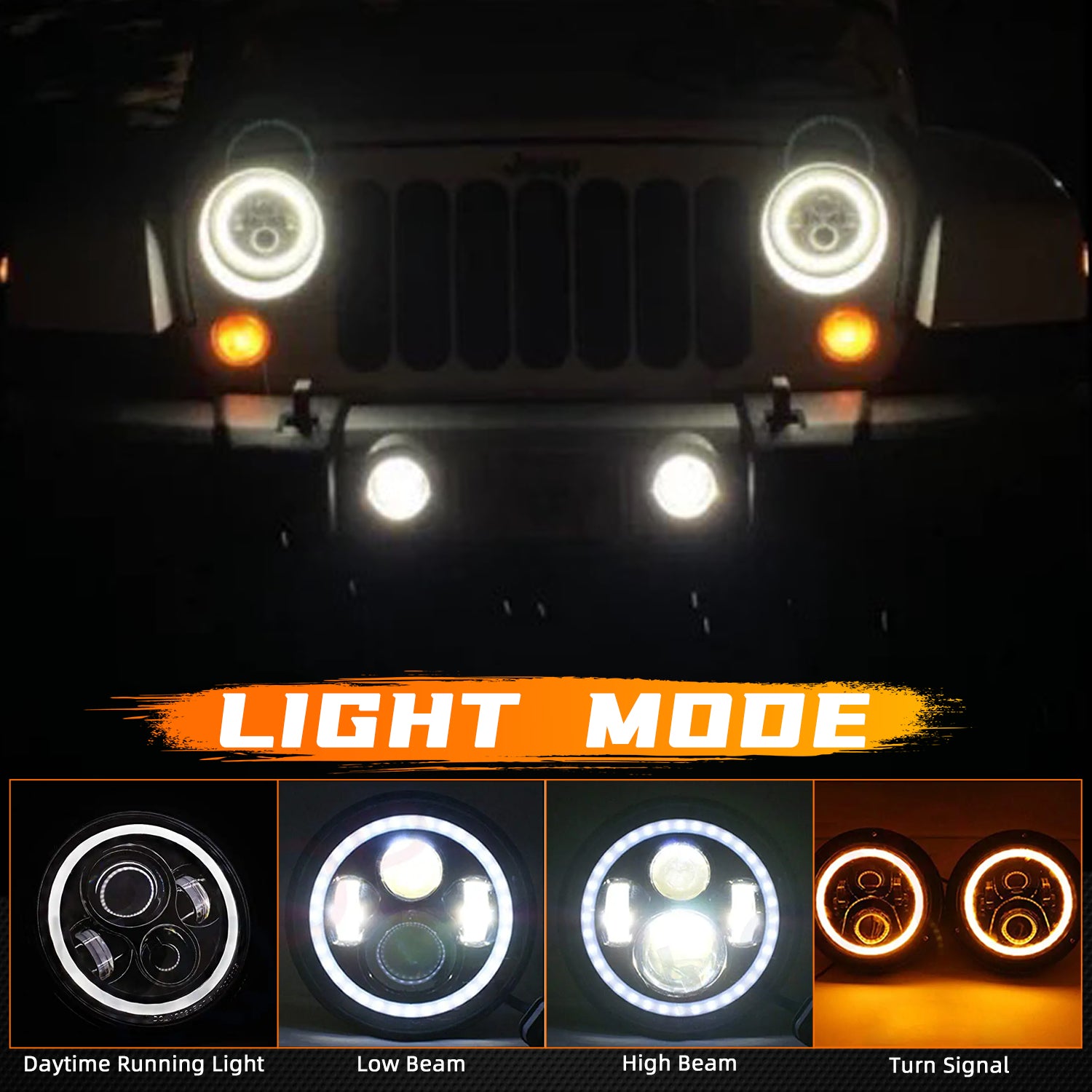 2pcs 7" Round Halo DRL LED Projector H4 Headlight Conversion Kit