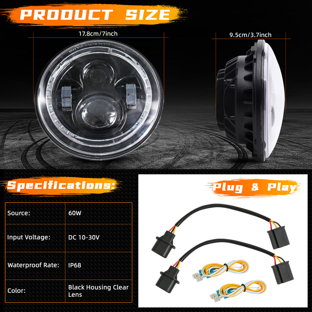 2pcs 7" Round Halo DRL LED Projector H4 Headlight Conversion Kit