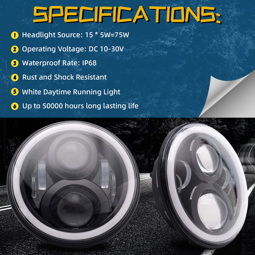 2pcs 7" Round Super Bright Halo Headlights Assembly - Hi/Low Beam Projector Headlights with Amber Turn Signal White DRL, H4/H13 Adaptors - Compatible with 1997-2018 Jeep Wrangler TJ/LJ/JK