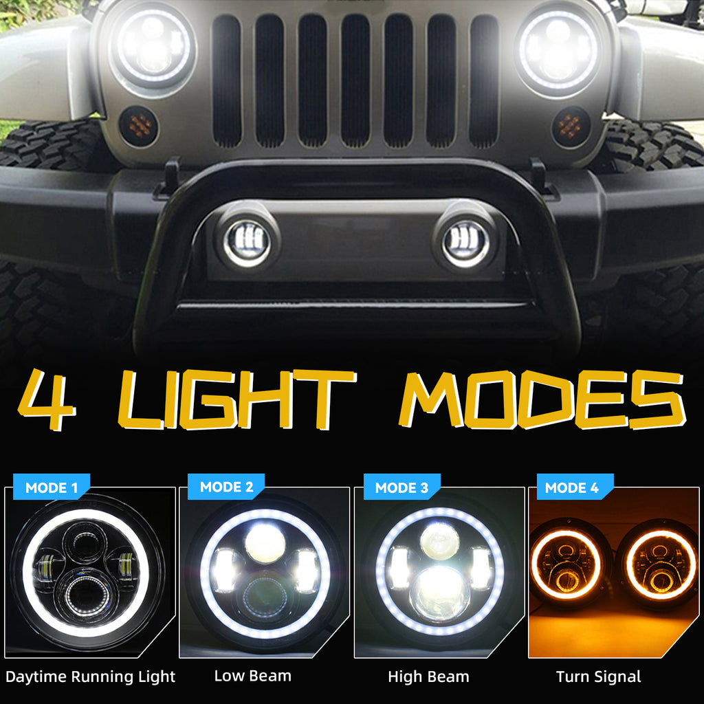 2pcs 7" Round Super Bright Halo Headlights Assembly - Hi/Low Beam Projector Headlights with Amber Turn Signal White DRL, H4/H13 Adaptors - Compatible with 1997-2018 Jeep Wrangler TJ/LJ/JK