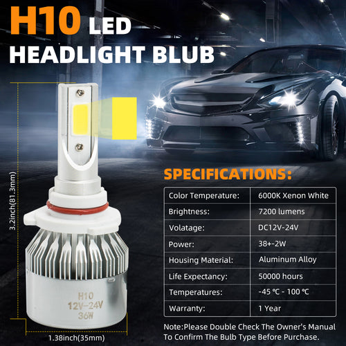 2Pcs H10/9040/9050/9055/9140/9145 6000K White 7200LM Aluminum Housing LED COB Bulbs Conversion Kit For Headlights Driving Fog Light DRL Lamp DC 12V/24V IP67 Left+Right Replacement