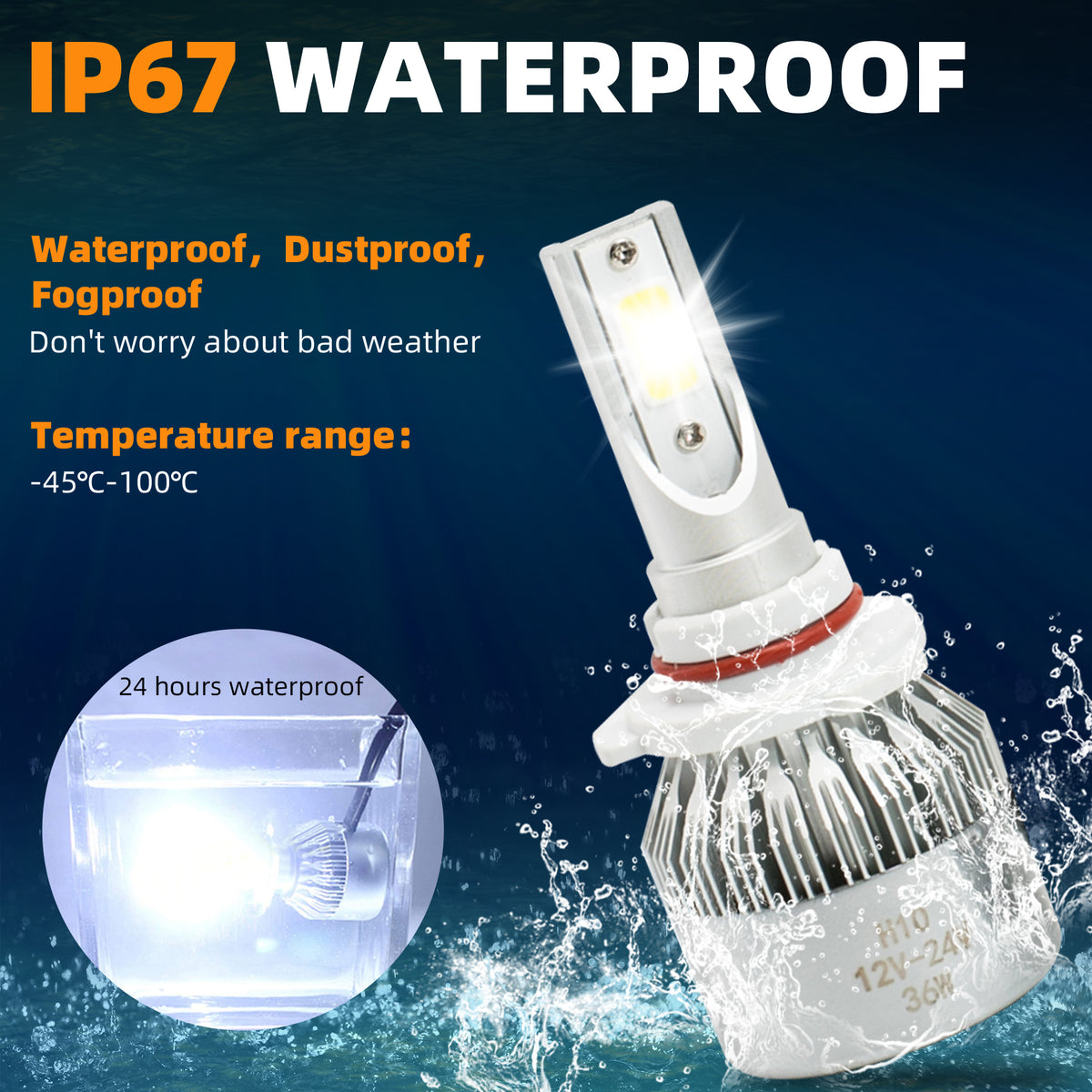 2Pcs H10/9040/9050/9055/9140/9145 6000K White 7200LM Aluminum Housing LED COB Bulbs Conversion Kit For Headlights Driving Fog Light DRL Lamp DC 12V/24V IP67 Left+Right Replacement