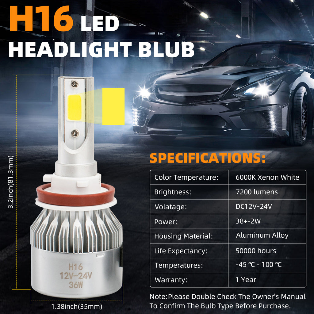 2pcs H16/PSX24W/5201/5202/9009/2504/12276 6000K Cool White 7200LM LED COB Bulbs Conversion Kit For Headlights Driving Fog Light DRL Lamp DC 12V/24V IP67 Set of 2 Left+Right Replacement