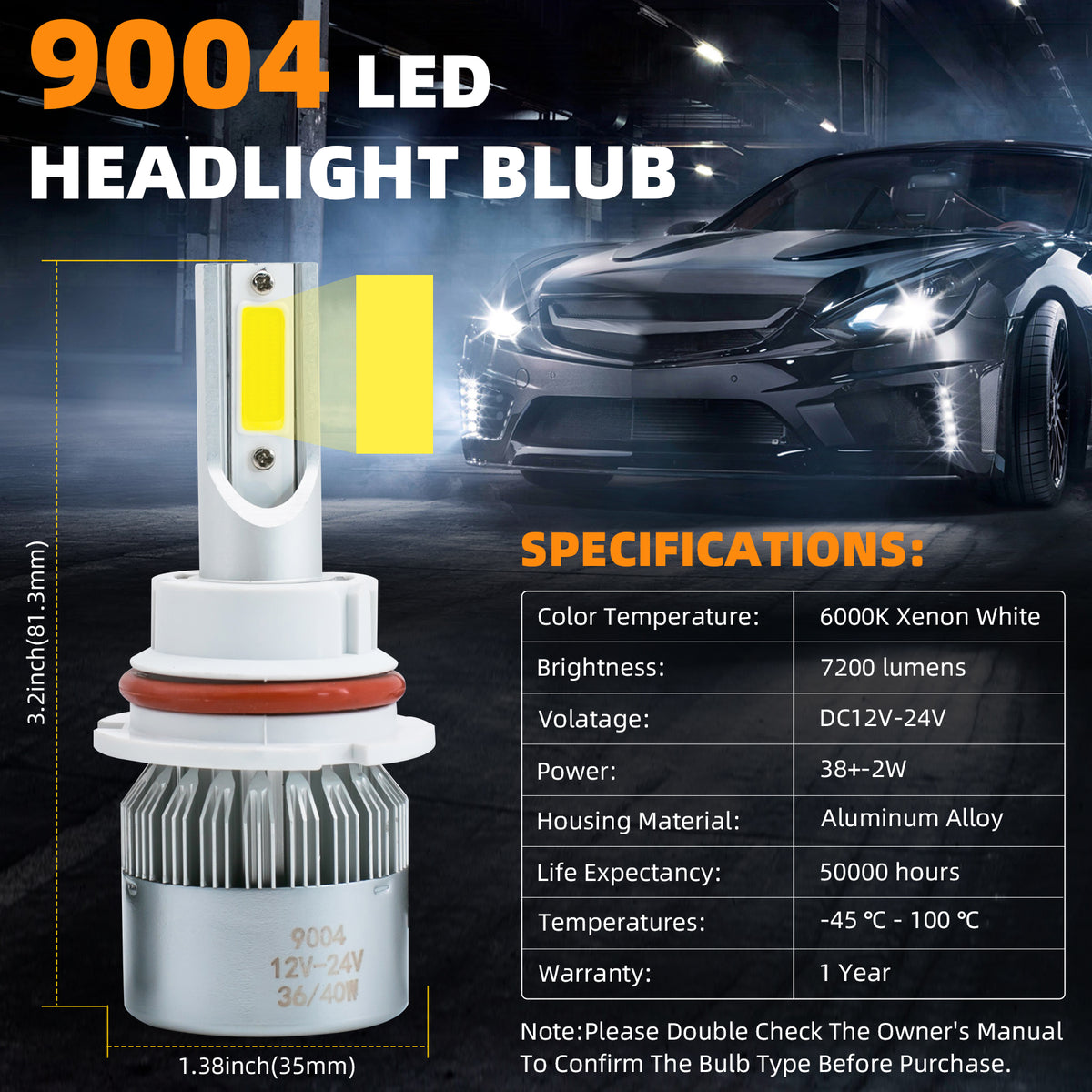 2Pcs 9004/HB1 6000K White 7200LM Aluminum Housing LED COB Bulbs Conversion Kit For Headlights High Low Dual Beam DC 12V/24V IP67 Waterproof Pack of 2 Left+Right Replacement