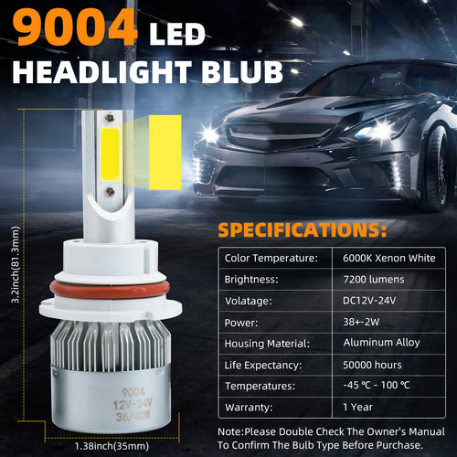 2Pcs 9004/HB1 6000K White 7200LM Aluminum Housing LED COB Bulbs Conversion Kit For Headlights High Low Dual Beam DC 12V/24V IP67 Waterproof Pack of 2 Left+Right Replacement