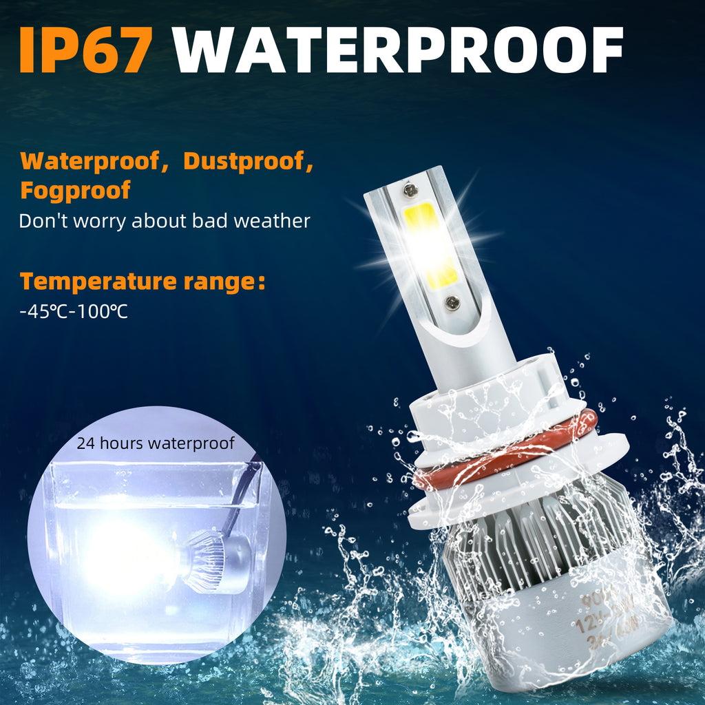 2Pcs 9004/HB1 6000K White 7200LM Aluminum Housing LED COB Bulbs Conversion Kit For Headlights High Low Dual Beam DC 12V/24V IP67 Waterproof Pack of 2 Left+Right Replacement