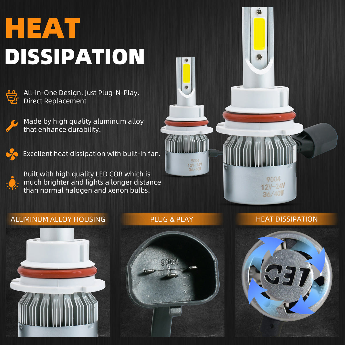 2Pcs 9004/HB1 6000K White 7200LM Aluminum Housing LED COB Bulbs Conversion Kit For Headlights High Low Dual Beam DC 12V/24V IP67 Waterproof Pack of 2 Left+Right Replacement