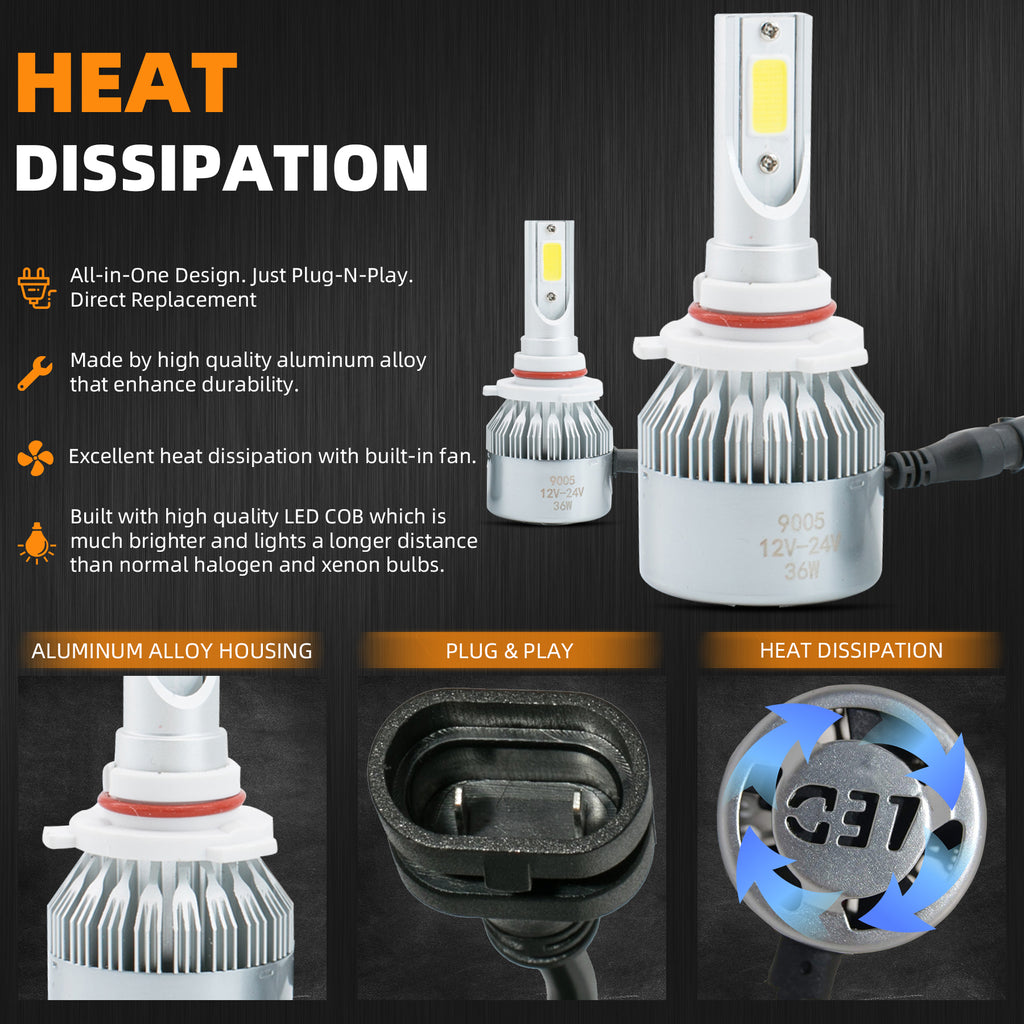 AUTO ELECTRIC PARTS 2pcs 9005/HB3 6000K White 7200LM Aluminum Housing LED COB Bulbs Conversion Kit For Headlights High Low Beam Driving Fog Light DC 12V/24V IP67 Waterproof Left+Right Replacement