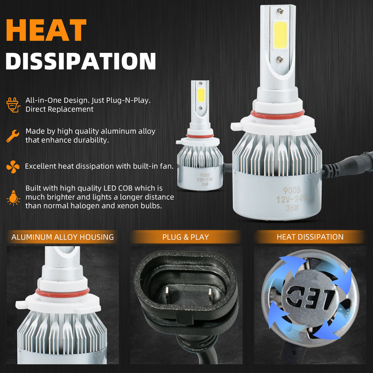 AUTO ELECTRIC PARTS 2pcs 9005/HB3 6000K White 7200LM Aluminum Housing LED COB Bulbs Conversion Kit For Headlights High Low Beam Driving Fog Light DC 12V/24V IP67 Waterproof Left+Right Replacement