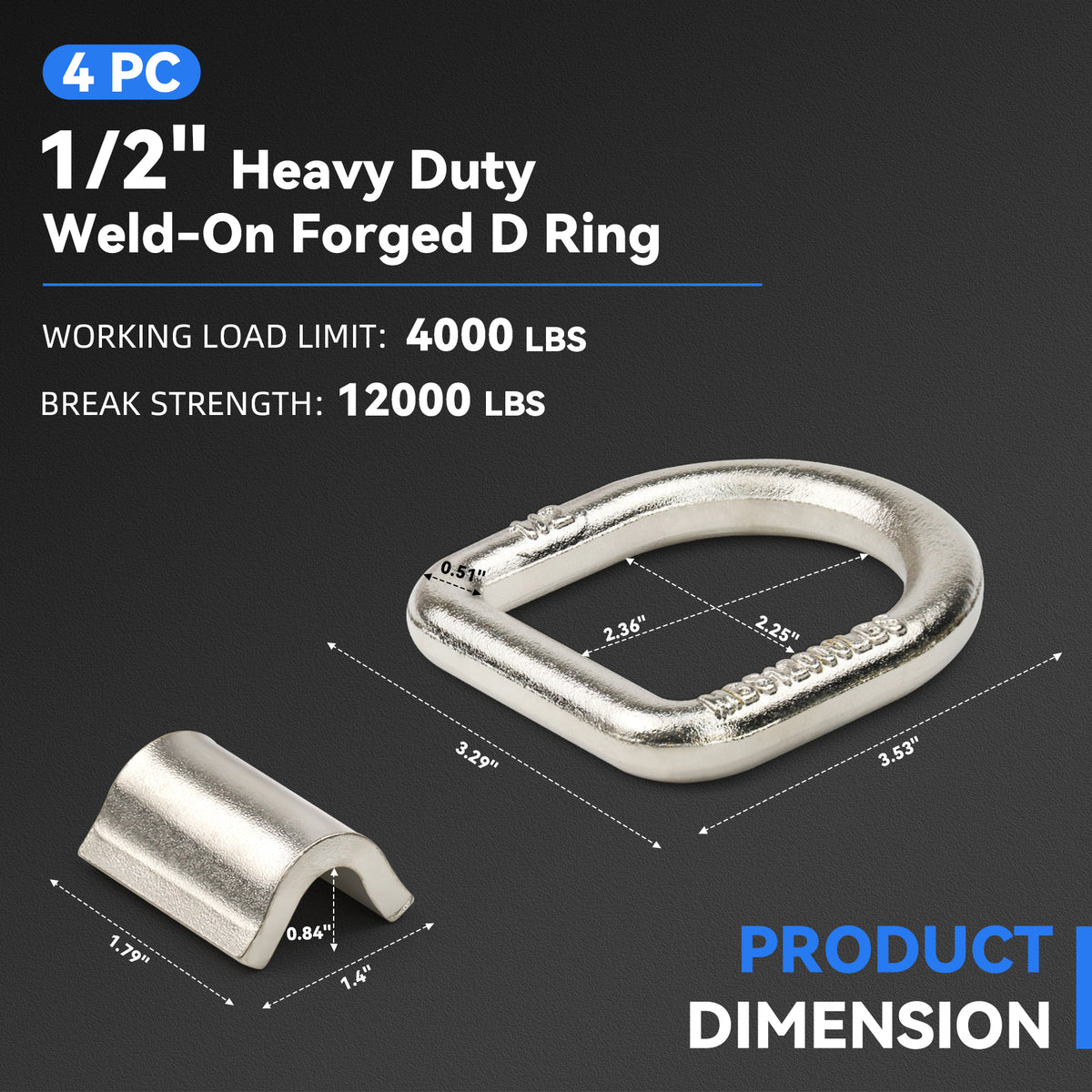 1/2" Heavy Duty Forged Steel Weld-On D-Rings with Brackets/Clips