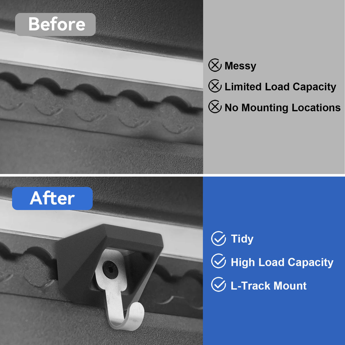 Heavy Duty Steel L Track Truck Bed Tie Down Hooks-OEM style cargo upgrade hardware, compatible with 2023-2026 Cybertruck bed rail load securement accessories