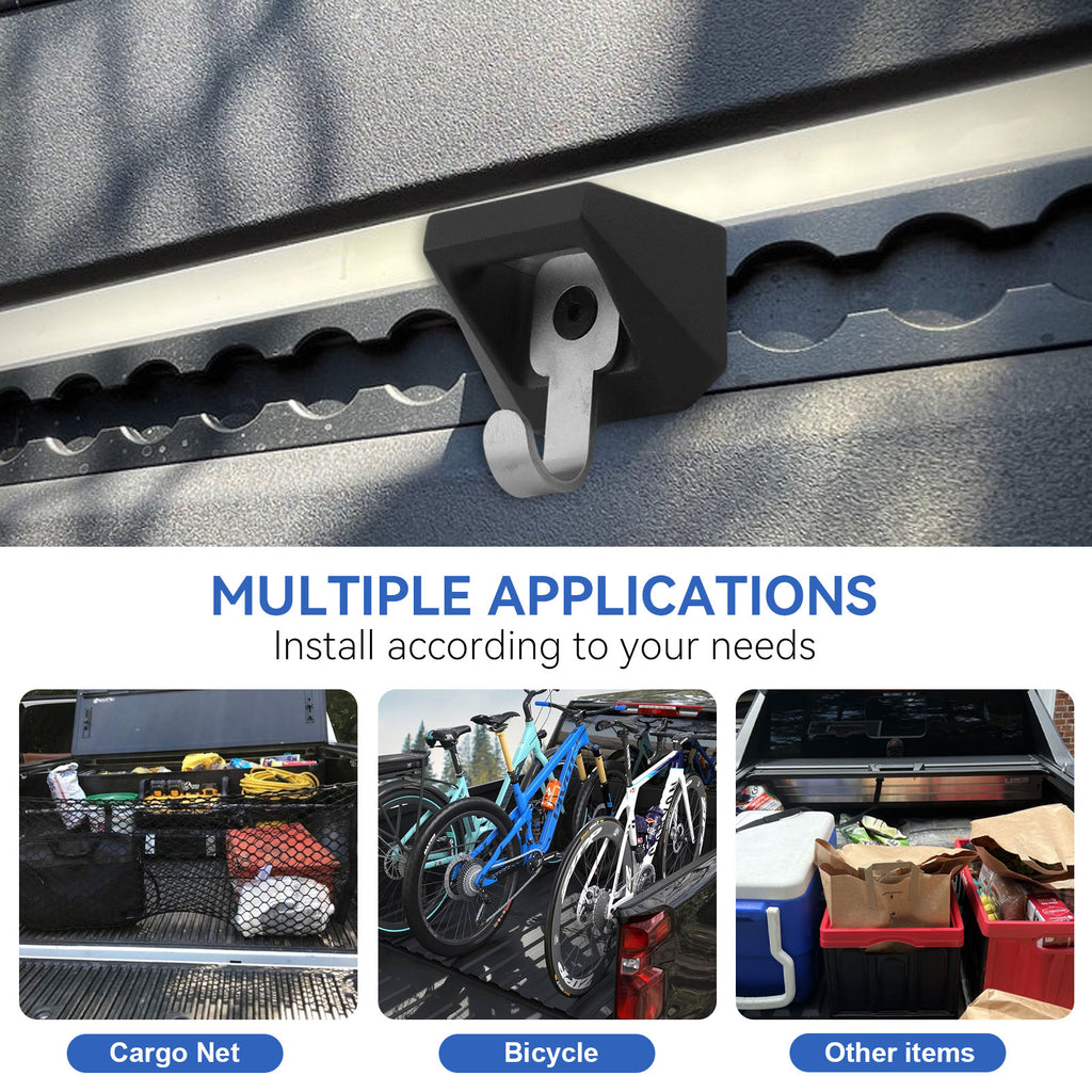 Heavy Duty Steel L Track Truck Bed Tie Down Hooks-OEM style cargo upgrade hardware, compatible with 2023-2026 Cybertruck bed rail load securement accessories
