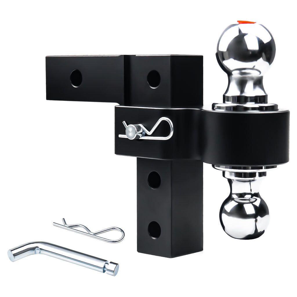 New 6" Height Adjustable Drop/Raise Aluminum Alloy Black Trailer Hitch Dual Ball Mounts Fit 2" Receiver With 2" & 2-5/16" Chrome Plated Steel Balls & Pin Locks, For Truck, SUV, RVs, 5000 LBS GTW