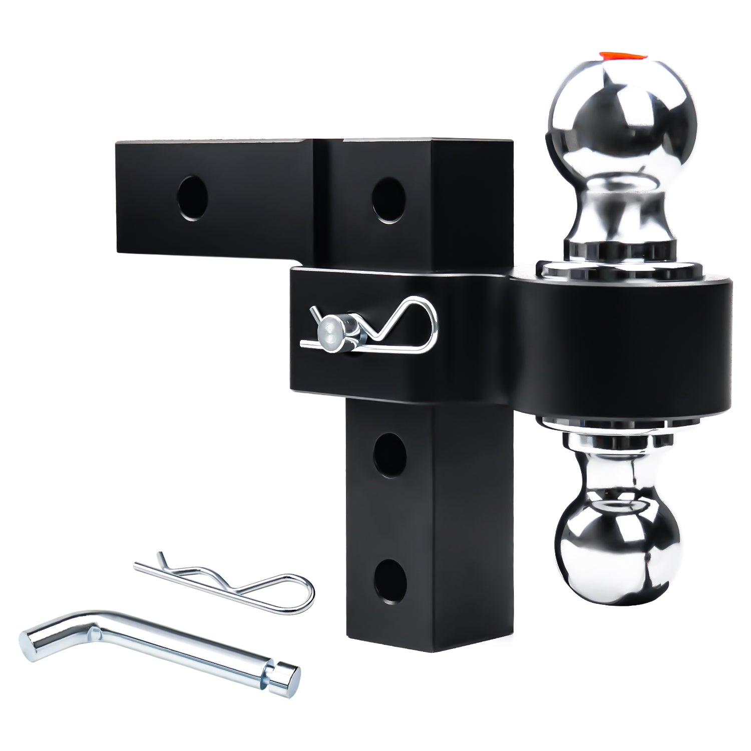 New 6" Height Adjustable Drop/Raise Aluminum Alloy Black Trailer Hitch Dual Ball Mounts Fit 2" Receiver With 2" & 2-5/16" Chrome Plated Steel Balls & Pin Locks, For Truck, SUV, RVs, 5000 LBS GTW