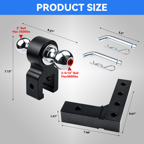 New 6" Height Adjustable Drop/Raise Aluminum Alloy Black Trailer Hitch Dual Ball Mounts Fit 2" Receiver With 2" & 2-5/16" Chrome Plated Steel Balls & Pin Locks, For Truck, SUV, RVs, 5000 LBS GTW