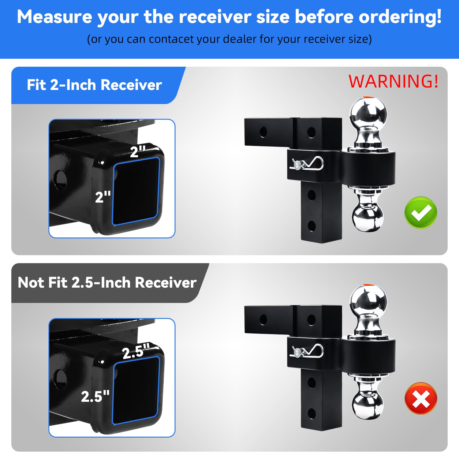 New 6" Height Adjustable Drop/Raise Aluminum Alloy Black Trailer Hitch Dual Ball Mounts Fit 2" Receiver With 2" & 2-5/16" Chrome Plated Steel Balls & Pin Locks, For Truck, SUV, RVs, 5000 LBS GTW