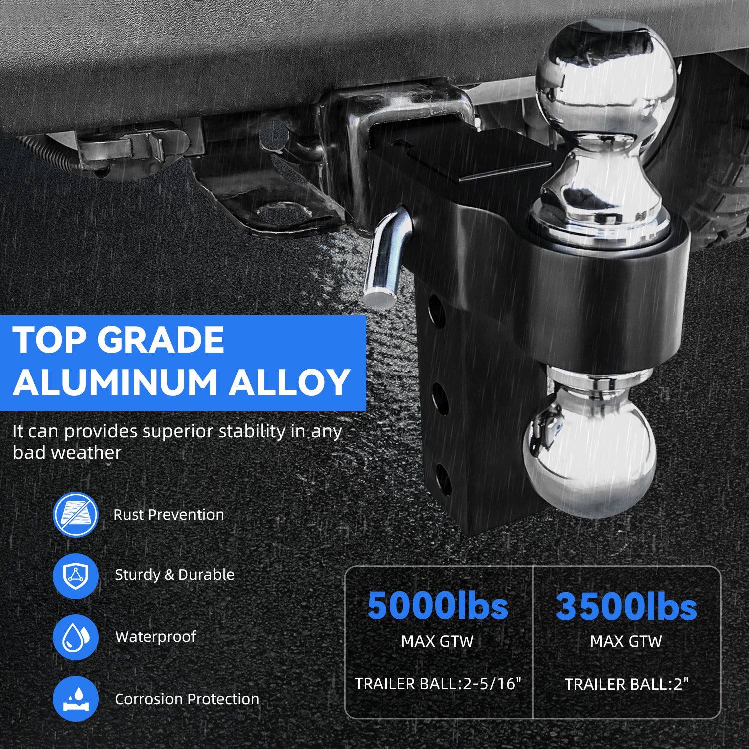 New 6" Height Adjustable Drop/Raise Aluminum Alloy Black Trailer Hitch Dual Ball Mounts Fit 2" Receiver With 2" & 2-5/16" Chrome Plated Steel Balls & Pin Locks, For Truck, SUV, RVs, 5000 LBS GTW