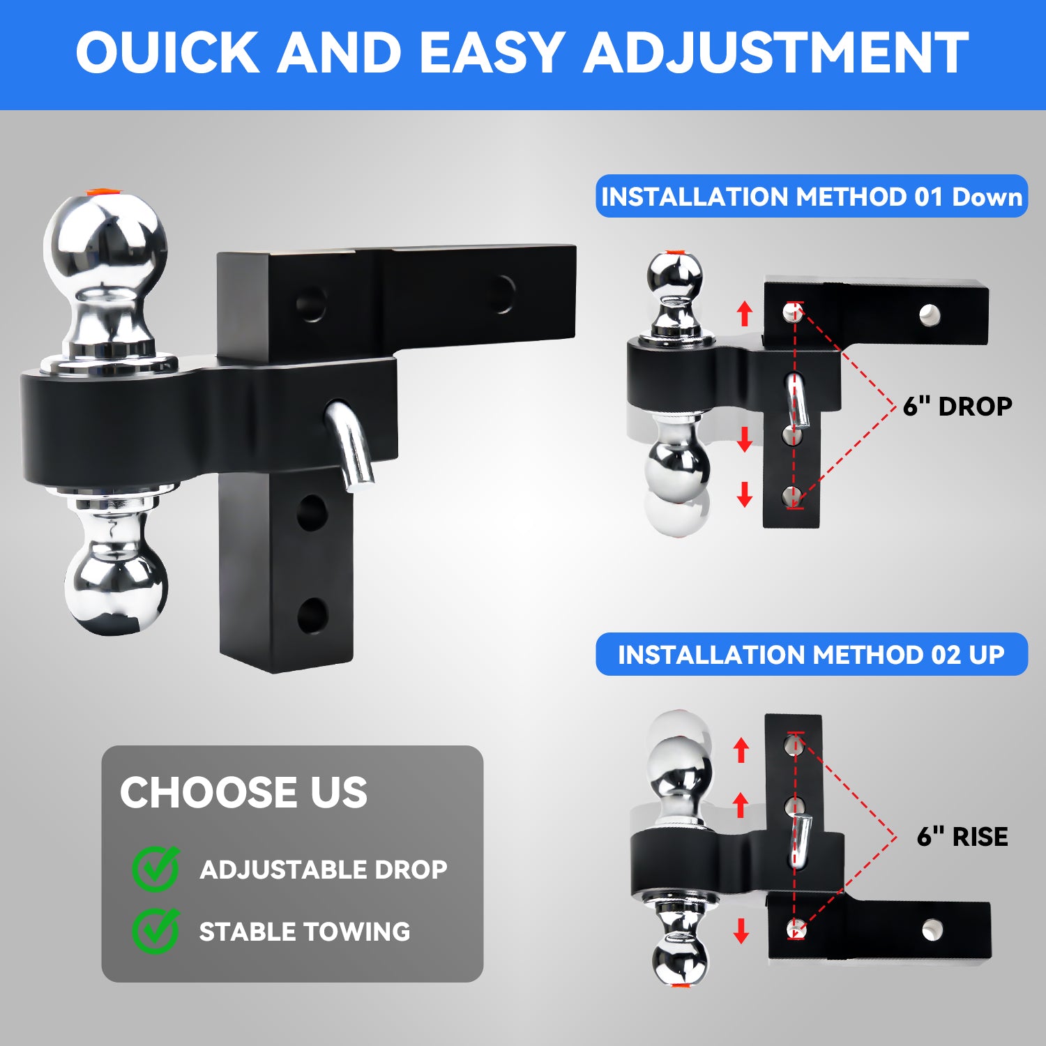 New 6" Height Adjustable Drop/Raise Aluminum Alloy Black Trailer Hitch Dual Ball Mounts Fit 2" Receiver With 2" & 2-5/16" Chrome Plated Steel Balls & Pin Locks, For Truck, SUV, RVs, 5000 LBS GTW