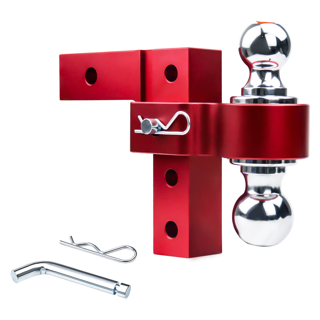 New 6" Height Adjustable Drop/Raise Aluminum Alloy Red Trailer Hitch Dual Ball Mounts Fit 2" Receiver With 2" & 2-5/16" Chrome Plated Steel Balls & Pin Locks, For Truck, SUV, RVs, 5000 LBS GTW