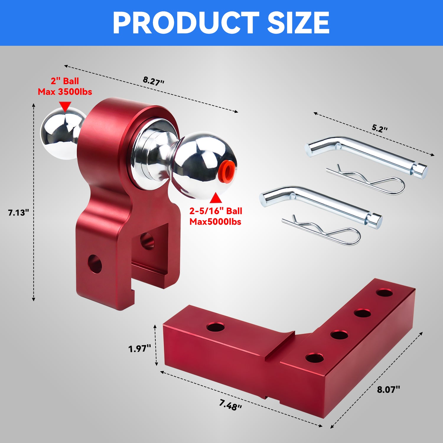 New 6" Height Adjustable Drop/Raise Aluminum Alloy Red Trailer Hitch Dual Ball Mounts Fit 2" Receiver With 2" & 2-5/16" Chrome Plated Steel Balls & Pin Locks, For Truck, SUV, RVs, 5000 LBS GTW