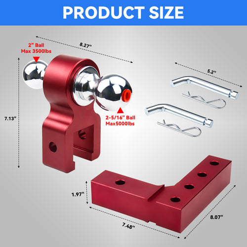 New 6" Height Adjustable Drop/Raise Aluminum Alloy Red Trailer Hitch Dual Ball Mounts Fit 2" Receiver With 2" & 2-5/16" Chrome Plated Steel Balls & Pin Locks, For Truck, SUV, RVs, 5000 LBS GTW