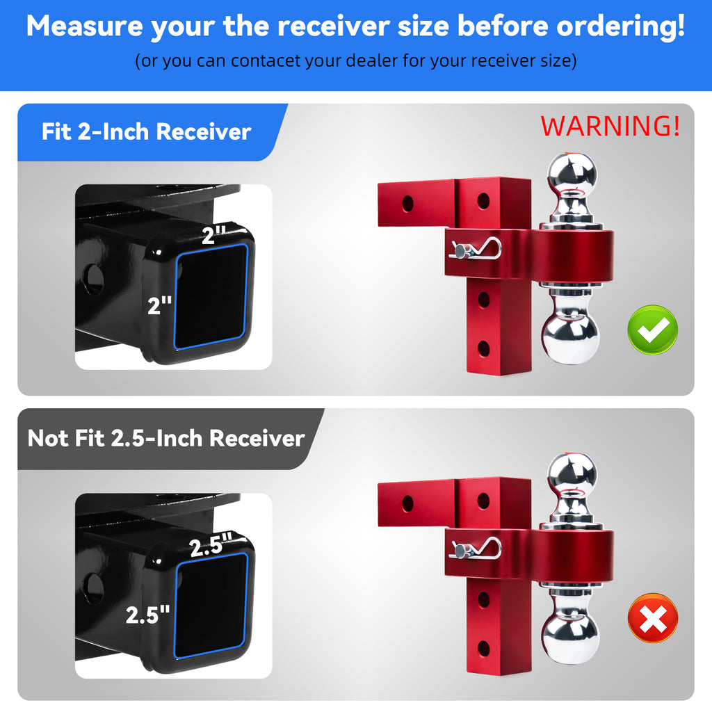 New 6" Height Adjustable Drop/Raise Aluminum Alloy Red Trailer Hitch Dual Ball Mounts Fit 2" Receiver With 2" & 2-5/16" Chrome Plated Steel Balls & Pin Locks, For Truck, SUV, RVs, 5000 LBS GTW
