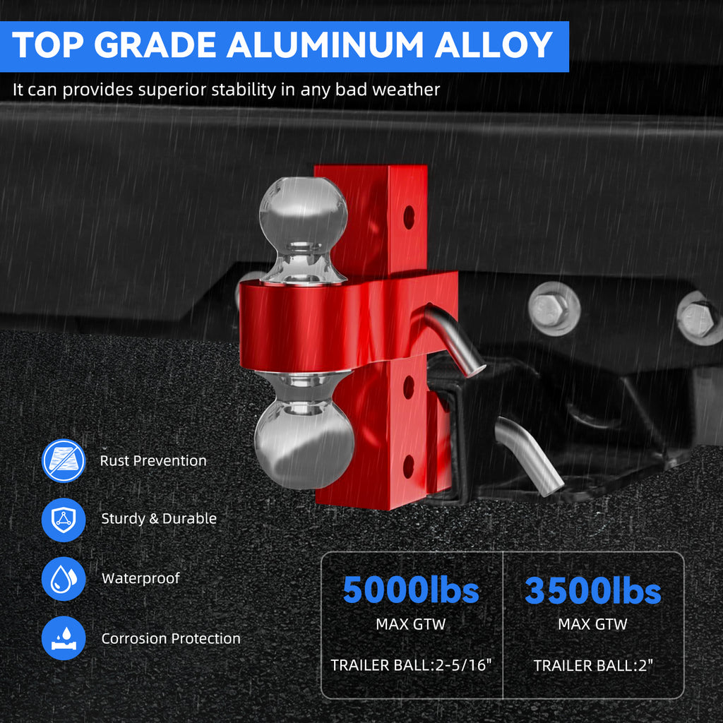 New 6" Height Adjustable Drop/Raise Aluminum Alloy Red Trailer Hitch Dual Ball Mounts Fit 2" Receiver With 2" & 2-5/16" Chrome Plated Steel Balls & Pin Locks, For Truck, SUV, RVs, 5000 LBS GTW