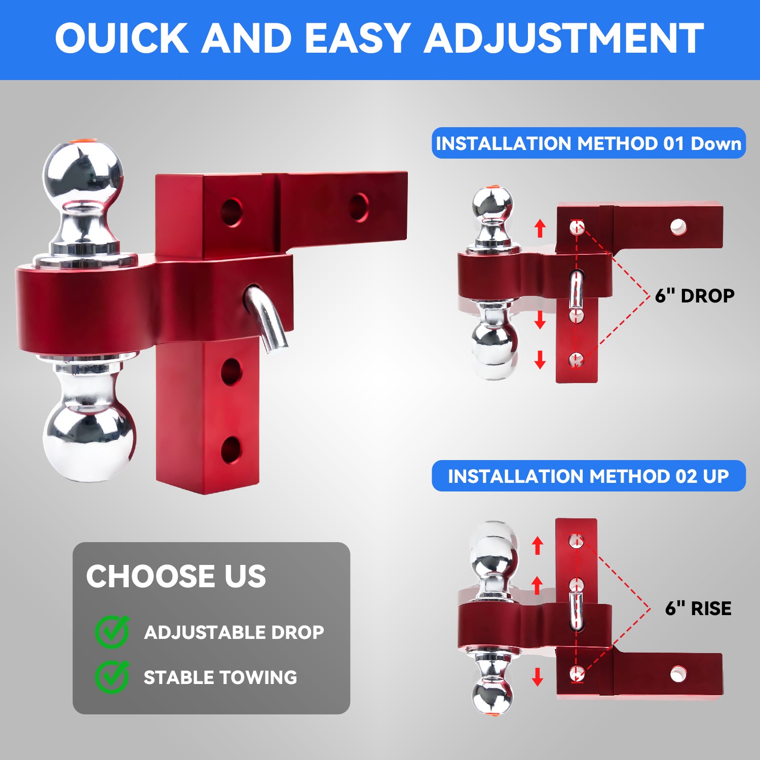 New 6" Height Adjustable Drop/Raise Aluminum Alloy Red Trailer Hitch Dual Ball Mounts Fit 2" Receiver With 2" & 2-5/16" Chrome Plated Steel Balls & Pin Locks, For Truck, SUV, RVs, 5000 LBS GTW