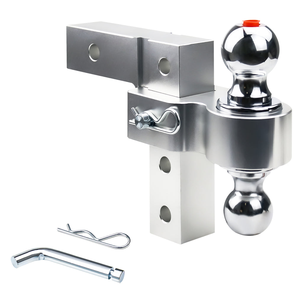 New 6" Height Adjustable Drop/Raise Aluminum Alloy Silver Trailer Hitch Dual Ball Mounts Fit 2" Receiver With 2" & 2-5/16" Chrome Plated Steel Balls & Pin Lock, For Truck, SUV, RVs, 5000 LBS GTW