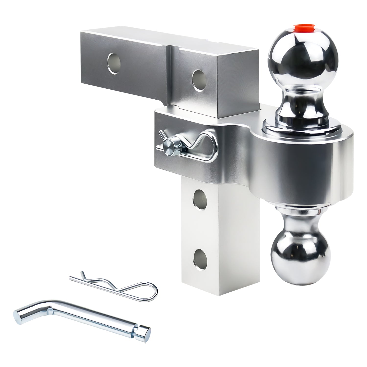 New 6" Height Adjustable Drop/Raise Aluminum Alloy Silver Trailer Hitch Dual Ball Mounts Fit 2" Receiver With 2" & 2-5/16" Chrome Plated Steel Balls & Pin Lock, For Truck, SUV, RVs, 5000 LBS GTW