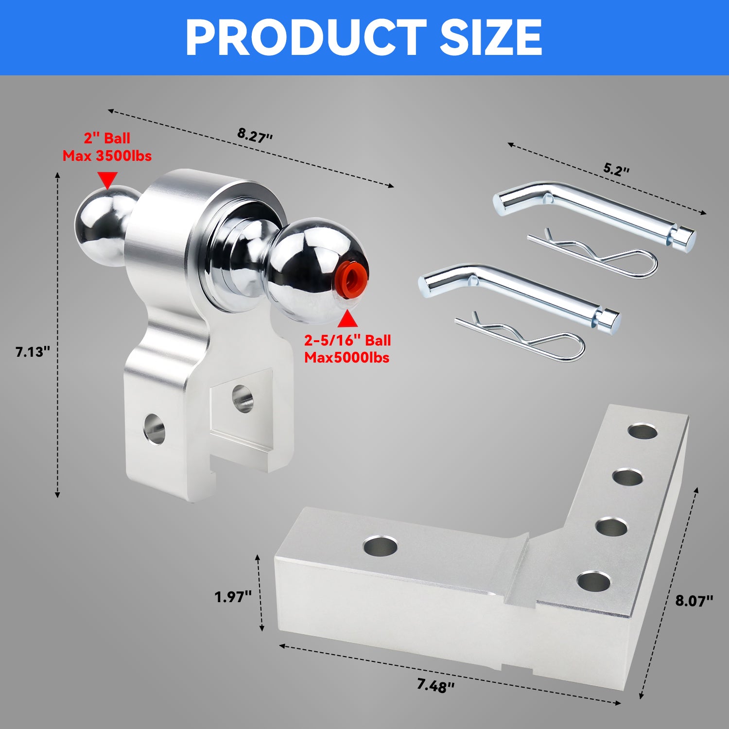 New 6" Height Adjustable Drop/Raise Aluminum Alloy Silver Trailer Hitch Dual Ball Mounts Fit 2" Receiver With 2" & 2-5/16" Chrome Plated Steel Balls & Pin Lock, For Truck, SUV, RVs, 5000 LBS GTW