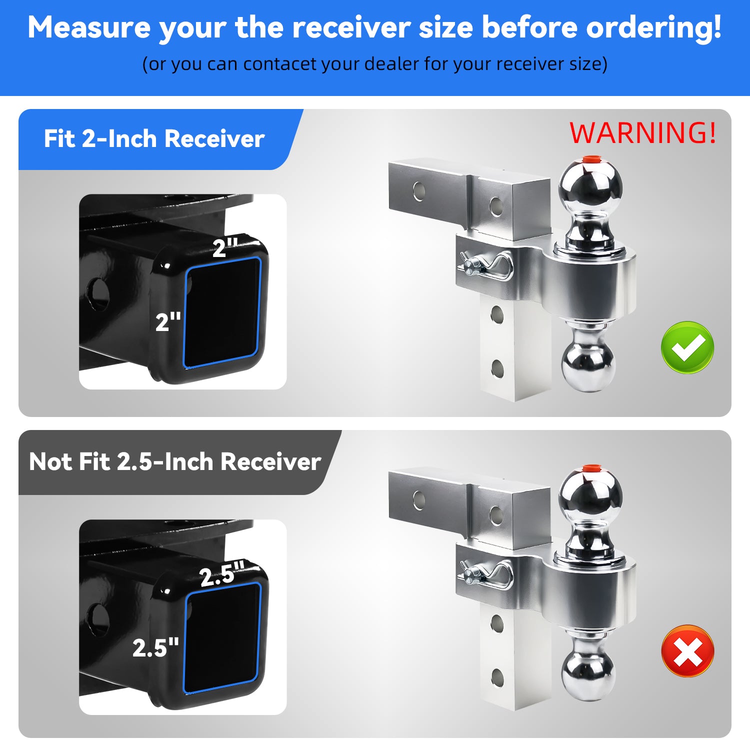 New 6" Height Adjustable Drop/Raise Aluminum Alloy Silver Trailer Hitch Dual Ball Mounts Fit 2" Receiver With 2" & 2-5/16" Chrome Plated Steel Balls & Pin Lock, For Truck, SUV, RVs, 5000 LBS GTW