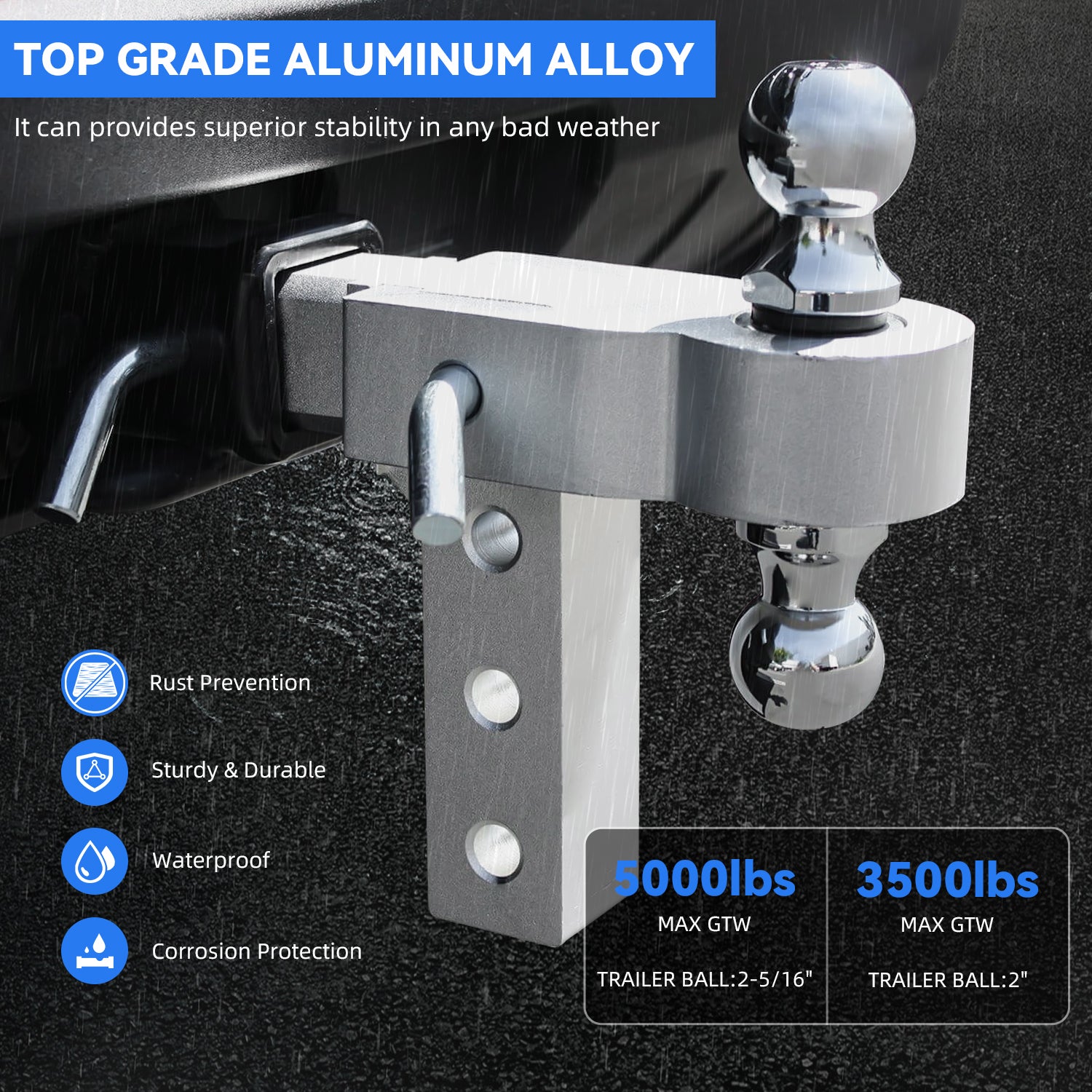 New 6" Height Adjustable Drop/Raise Aluminum Alloy Silver Trailer Hitch Dual Ball Mounts Fit 2" Receiver With 2" & 2-5/16" Chrome Plated Steel Balls & Pin Lock, For Truck, SUV, RVs, 5000 LBS GTW