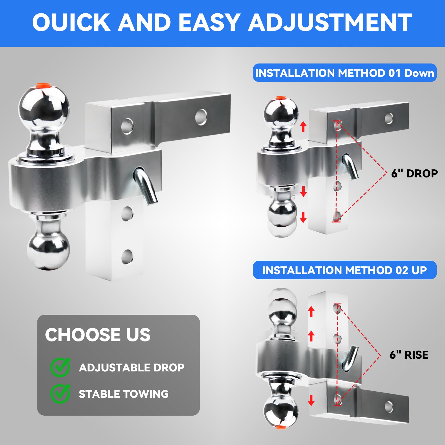 New 6" Height Adjustable Drop/Raise Aluminum Alloy Silver Trailer Hitch Dual Ball Mounts Fit 2" Receiver With 2" & 2-5/16" Chrome Plated Steel Balls & Pin Lock, For Truck, SUV, RVs, 5000 LBS GTW