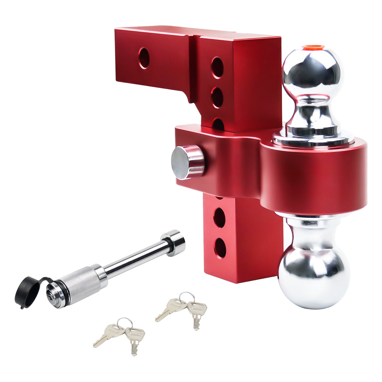 New 6" Height Adjustable Drop/Raise Aluminum Alloy Red Trailer Hitch Dual Ball Mounts Fit 2" Receiver w/ 2" & 2-5/16" Chrome Plated Steel Balls & Anti-Theft Pin Lock, For Truck, Pickup, SUV, RV