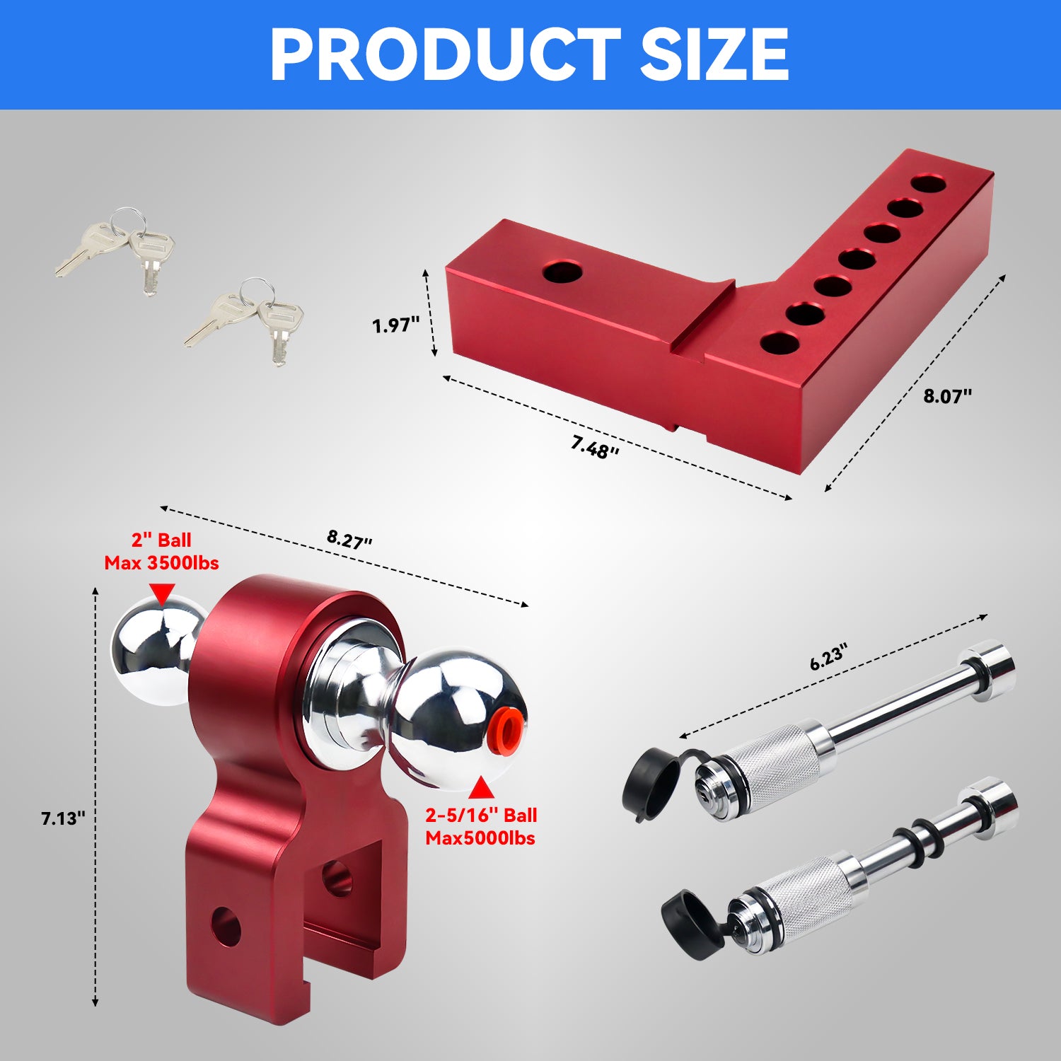 New 6" Height Adjustable Drop/Raise Aluminum Alloy Red Trailer Hitch Dual Ball Mounts Fit 2" Receiver w/ 2" & 2-5/16" Chrome Plated Steel Balls & Anti-Theft Pin Lock, For Truck, Pickup, SUV, RV