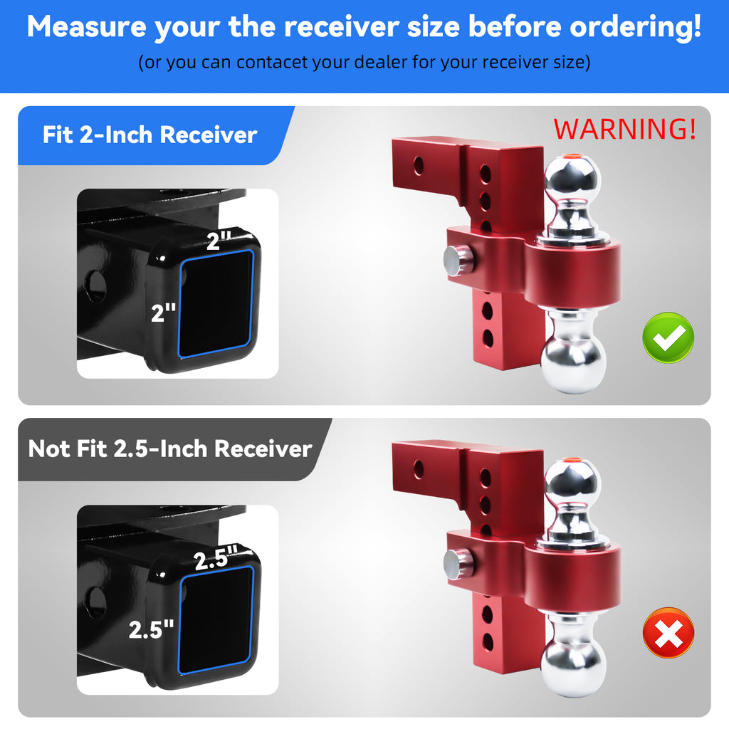 New 6" Height Adjustable Drop/Raise Aluminum Alloy Red Trailer Hitch Dual Ball Mounts Fit 2" Receiver w/ 2" & 2-5/16" Chrome Plated Steel Balls & Anti-Theft Pin Lock, For Truck, Pickup, SUV, RV