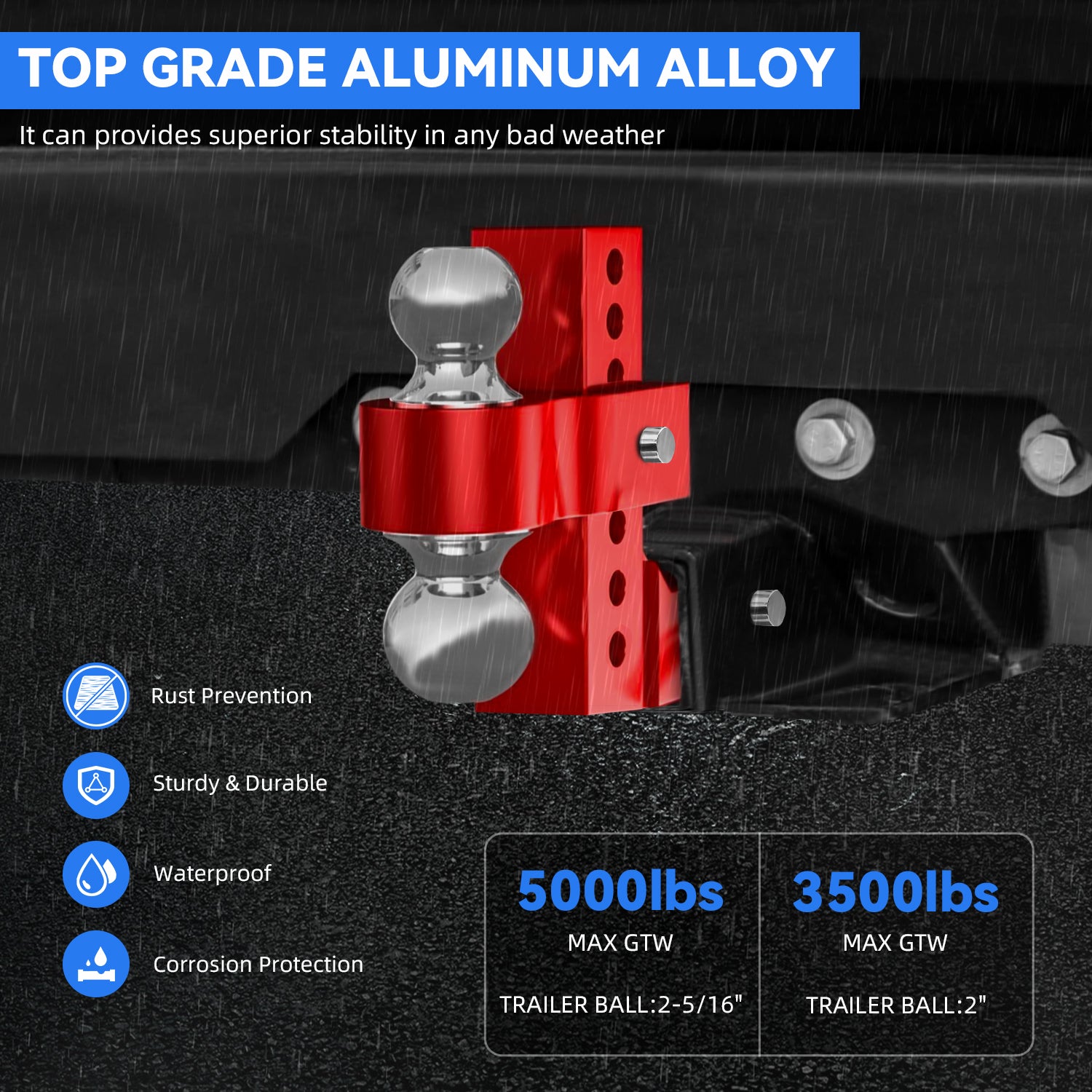 New 6" Height Adjustable Drop/Raise Aluminum Alloy Red Trailer Hitch Dual Ball Mounts Fit 2" Receiver w/ 2" & 2-5/16" Chrome Plated Steel Balls & Anti-Theft Pin Lock, For Truck, Pickup, SUV, RV