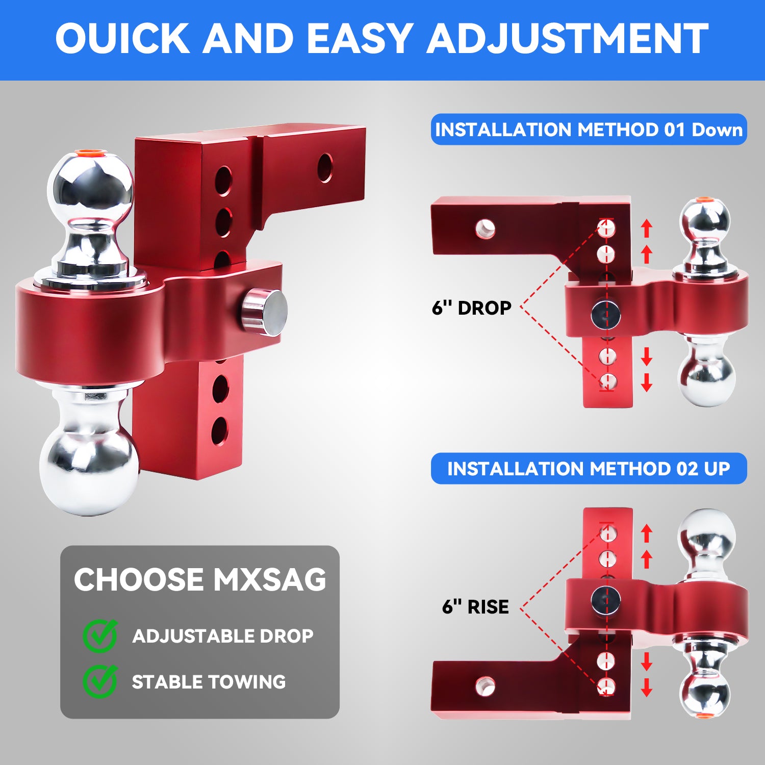 New 6" Height Adjustable Drop/Raise Aluminum Alloy Red Trailer Hitch Dual Ball Mounts Fit 2" Receiver w/ 2" & 2-5/16" Chrome Plated Steel Balls & Anti-Theft Pin Lock, For Truck, Pickup, SUV, RV