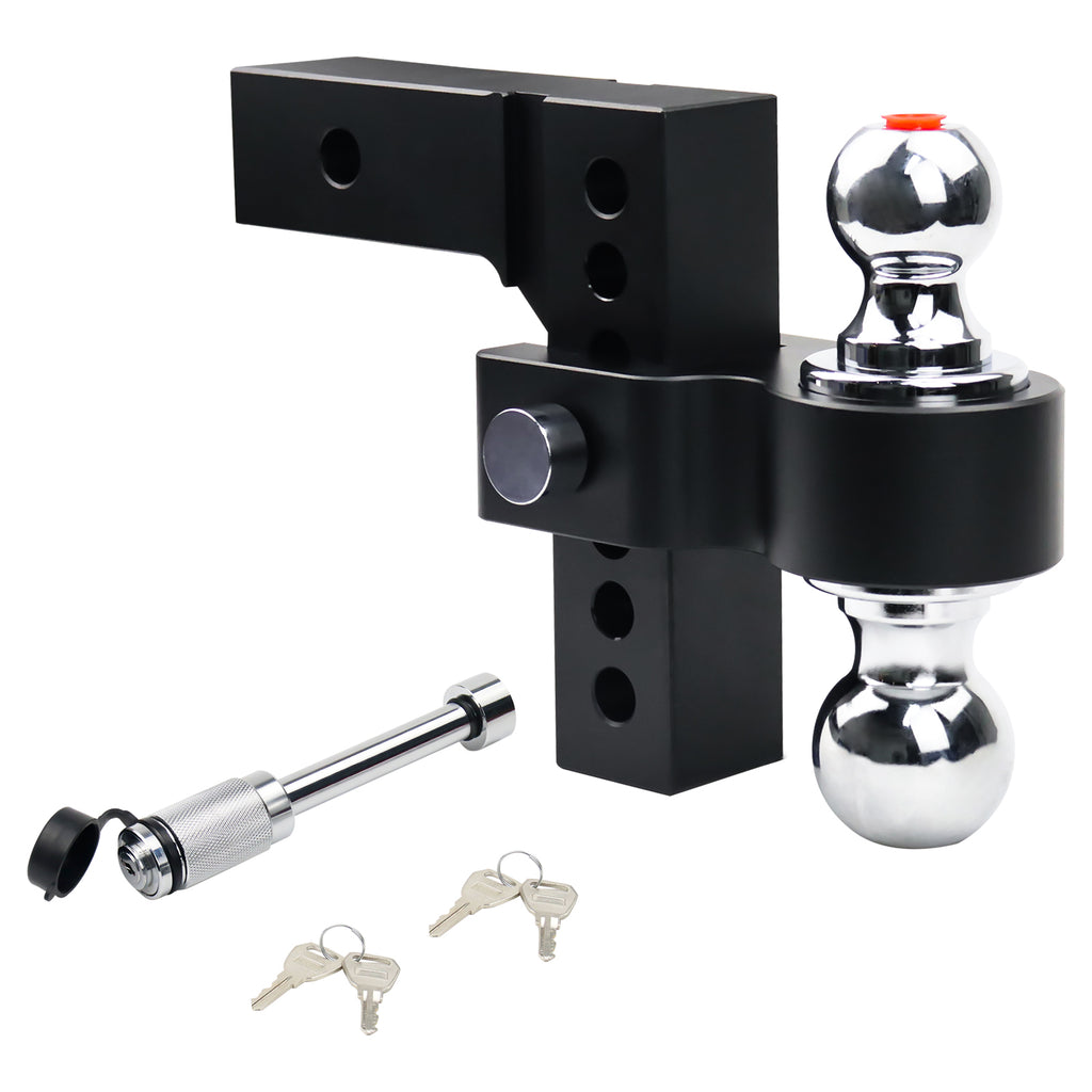 New 6" Height Adjustable Drop/Raise Aluminum Alloy Black Trailer Hitch Dual Ball Mounts Fit 2" Receiver w/ 2" & 2-5/16" Chrome Plated Steel Balls & Anti-Theft Pin Lock, For Truck, Pickup, SUV, RV