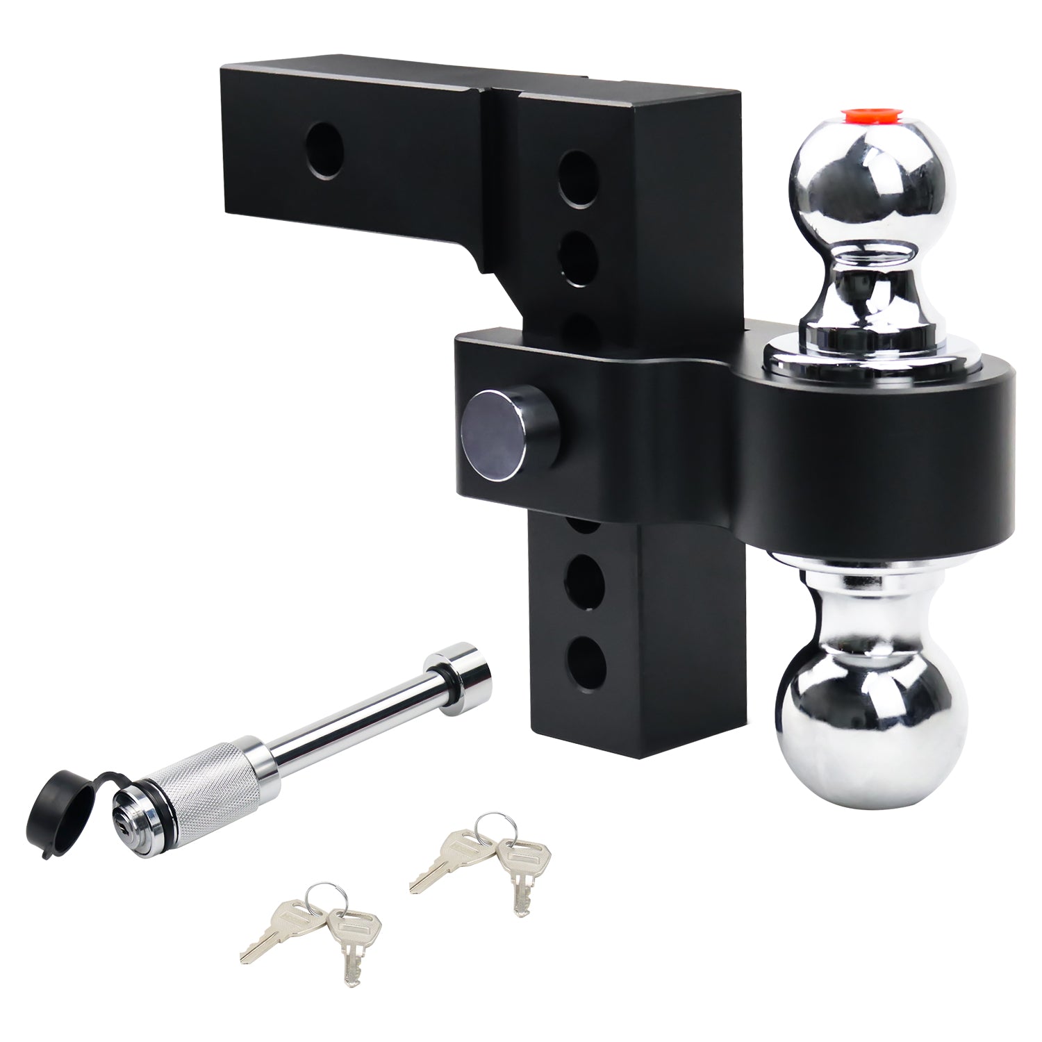 New 6" Height Adjustable Drop/Raise Aluminum Alloy Black Trailer Hitch Dual Ball Mounts Fit 2" Receiver w/ 2" & 2-5/16" Chrome Plated Steel Balls & Anti-Theft Pin Lock, For Truck, Pickup, SUV, RV