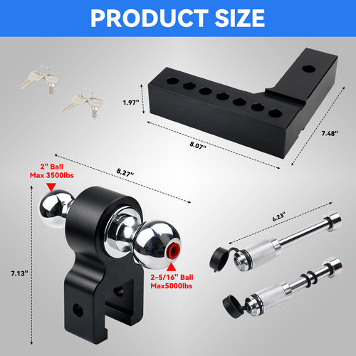 New 6" Height Adjustable Drop/Raise Aluminum Alloy Black Trailer Hitch Dual Ball Mounts Fit 2" Receiver w/ 2" & 2-5/16" Chrome Plated Steel Balls & Anti-Theft Pin Lock, For Truck, Pickup, SUV, RV