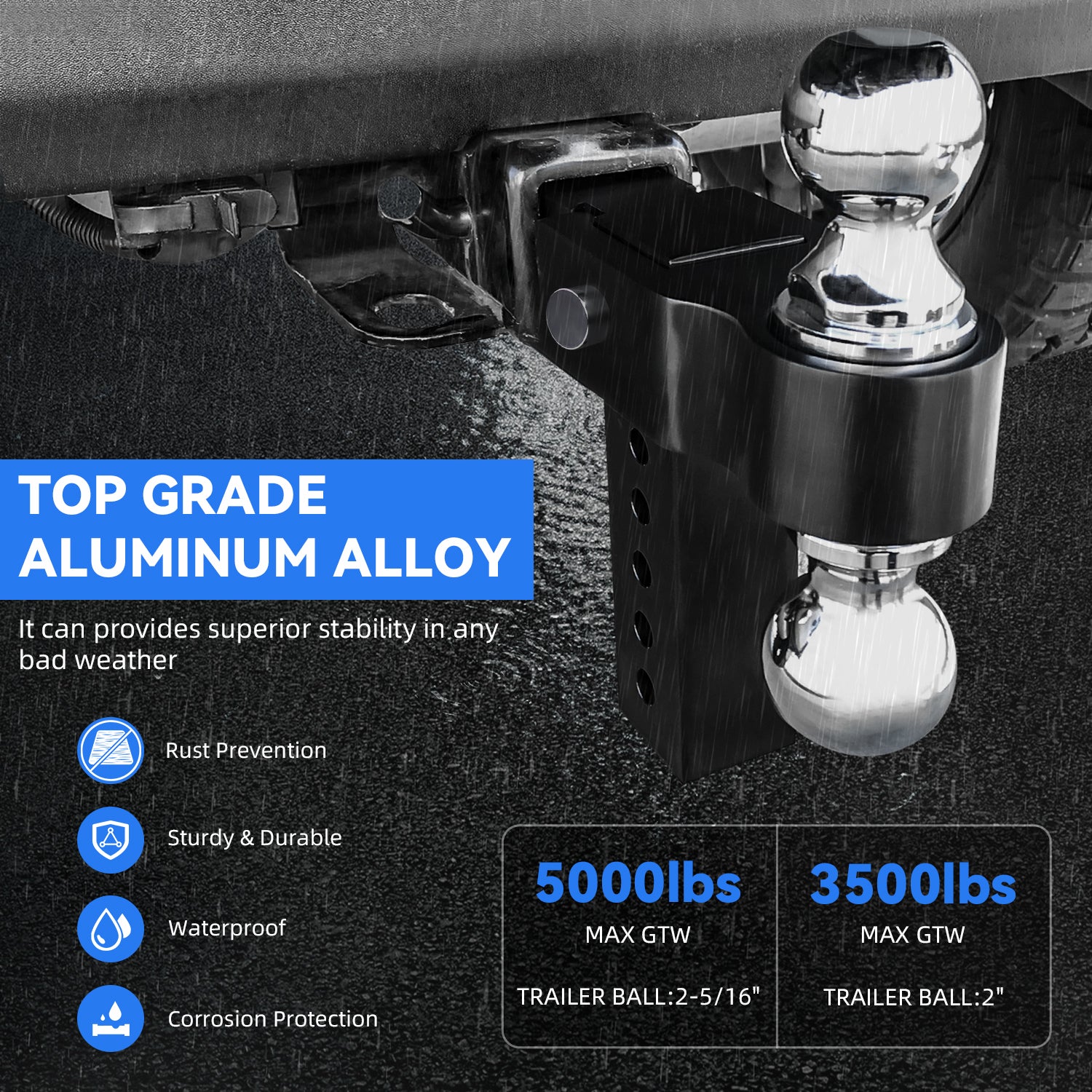 New 6" Height Adjustable Drop/Raise Aluminum Alloy Black Trailer Hitch Dual Ball Mounts Fit 2" Receiver w/ 2" & 2-5/16" Chrome Plated Steel Balls & Anti-Theft Pin Lock, For Truck, Pickup, SUV, RV