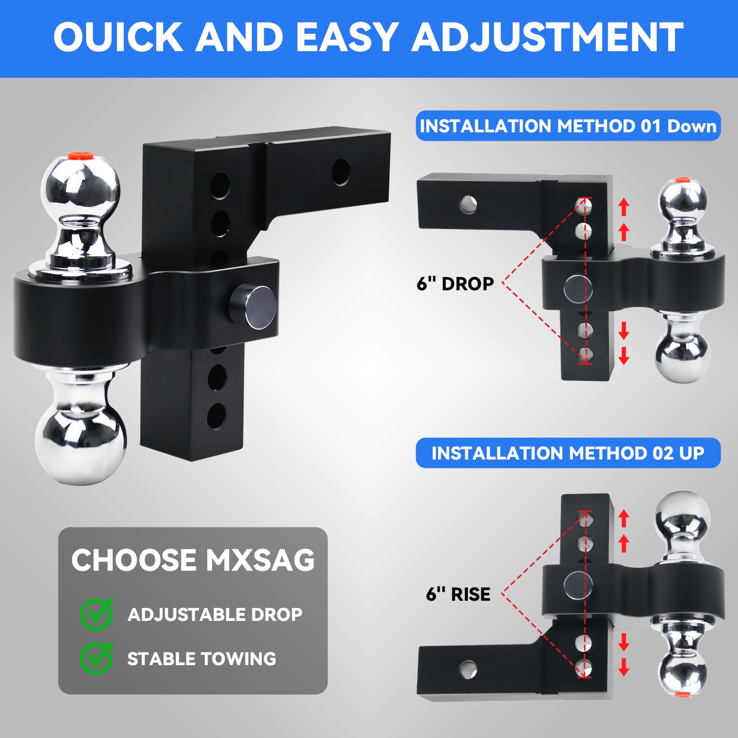 New 6" Height Adjustable Drop/Raise Aluminum Alloy Black Trailer Hitch Dual Ball Mounts Fit 2" Receiver w/ 2" & 2-5/16" Chrome Plated Steel Balls & Anti-Theft Pin Lock, For Truck, Pickup, SUV, RV