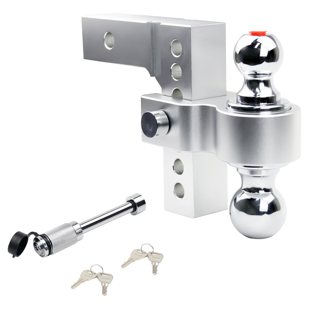 New 6" Height Adjustable Drop/Raise Aluminum Alloy Silver Trailer Hitch Dual Ball Mounts Fit 2" Receiver w/ 2" & 2-5/16" Chrome Plated Steel Balls & Anti-Theft Pin Lock, For Truck, Pickup, SUV, RV